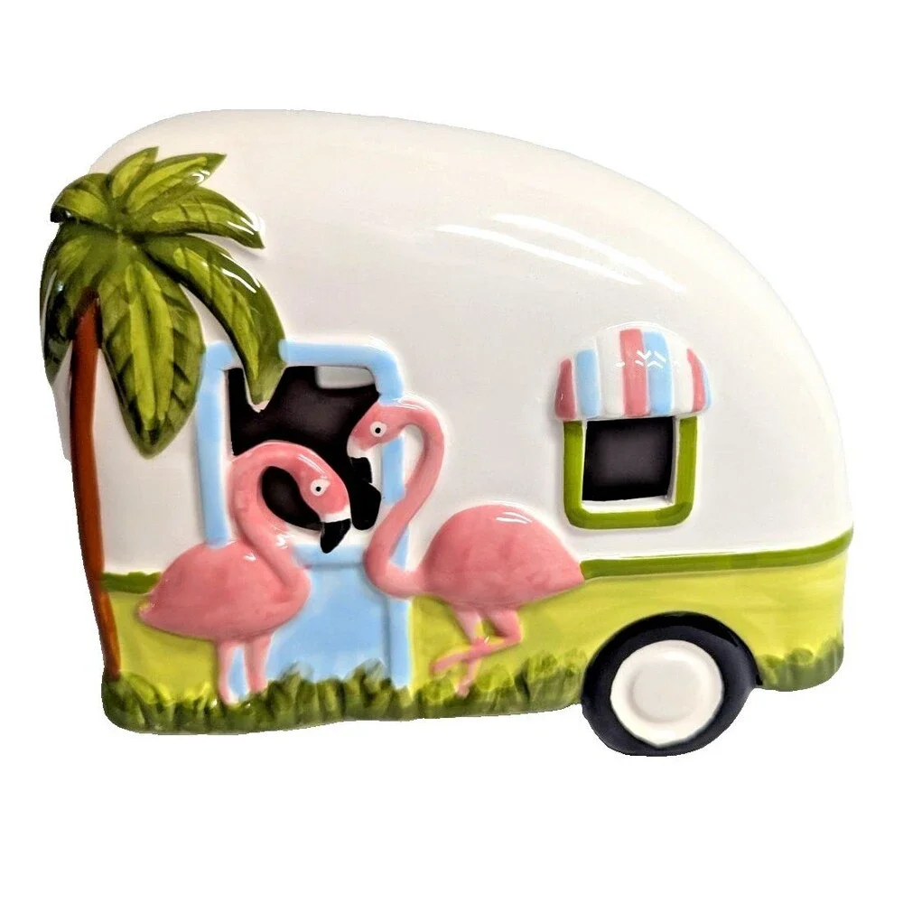Lighted Camper Accent Lamp Retro Pink Flamingos Palm Tree Battery Operated NEW